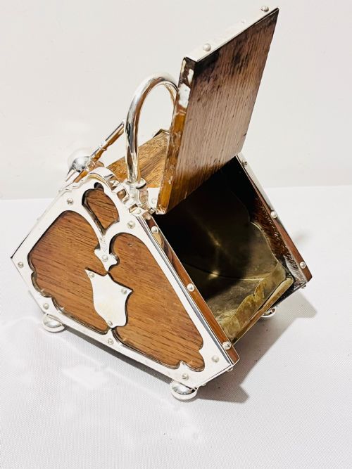 ANTIQUE SILVER PLATED MOUNTED OAK SUGAR SCUTTLE C1890 - ADDITIONAL PHOTO 4