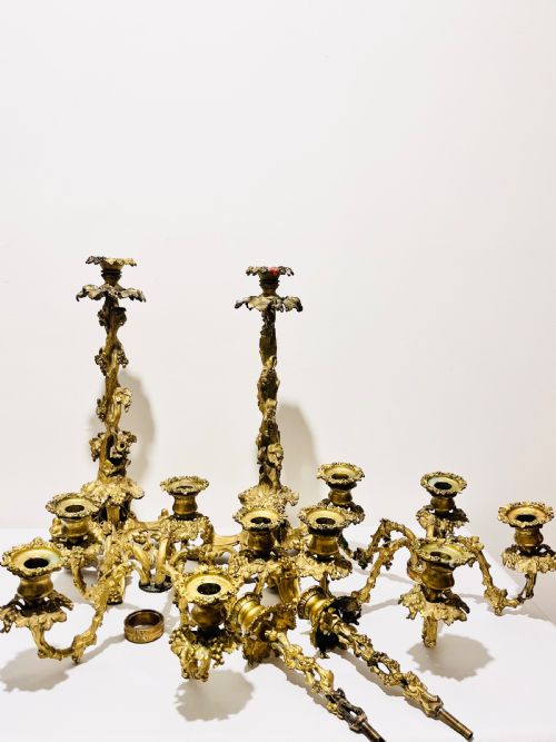 MAGNIFICENT PAIR ANTIQUE CAST GOLD PLATED CANDELABRA C1880 - ADDITIONAL PHOTO 4