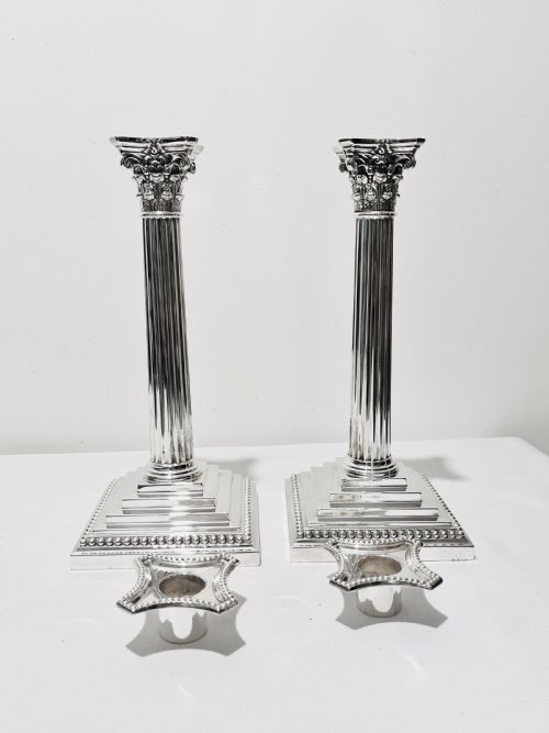 ANTIQUE SILVER PLATED CORINTHIAN COLUMN CANDLESTICKS C1880 - ADDITIONAL PHOTO 3