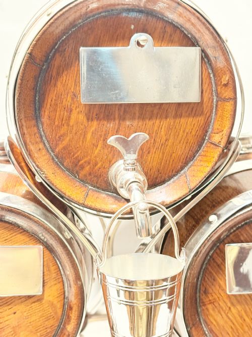 ANTIQUE SILVER PLATED AND OAK TRIPLE BRANDY WHISKY BARRELS C1900 - ADDITIONAL PHOTO 1