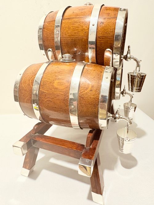 ANTIQUE SILVER PLATED AND OAK TRIPLE BRANDY WHISKY BARRELS C1900 - ADDITIONAL PHOTO 7