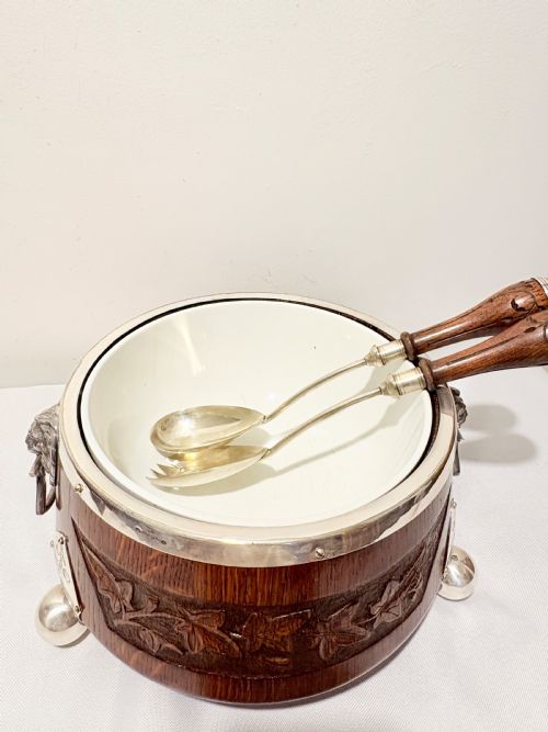 ANTIQUE SILVER PLATED CARVED OAK SALAD BOWL C1890 - ADDITIONAL PHOTO 4
