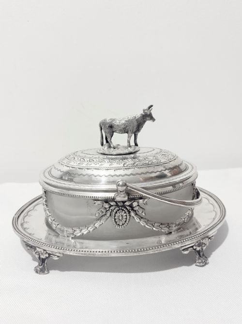 ANTIQUE SILVER PLATED BUTTER DISH WITH COW FINIAL C1880 - ADDITIONAL PHOTO 1
