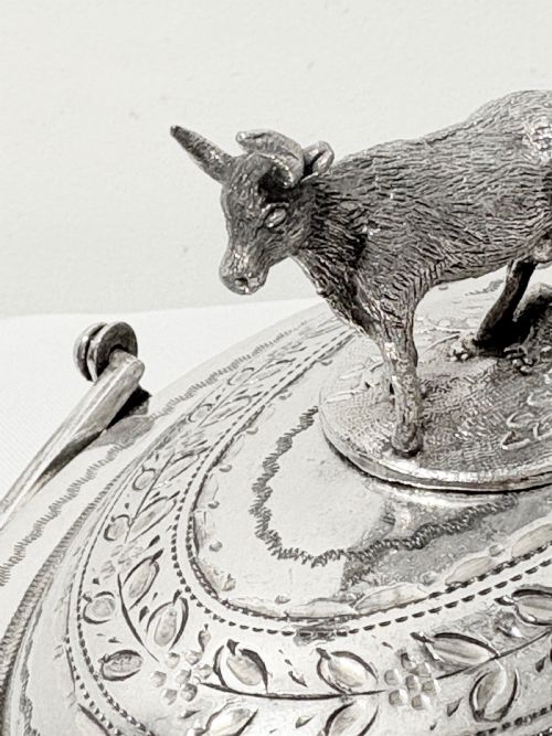 ANTIQUE SILVER PLATED BUTTER DISH WITH COW FINIAL C1880 - ADDITIONAL PHOTO 6