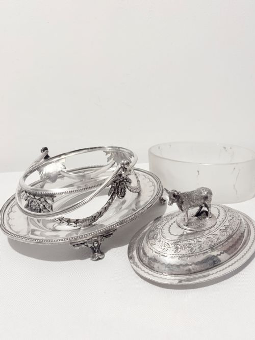 ANTIQUE SILVER PLATED BUTTER DISH WITH COW FINIAL C1880 - ADDITIONAL PHOTO 7