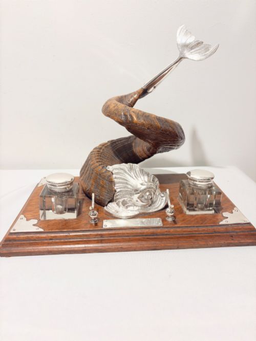 Victorian Silver Plate, Oak and Rams Horn Inkstand C1880