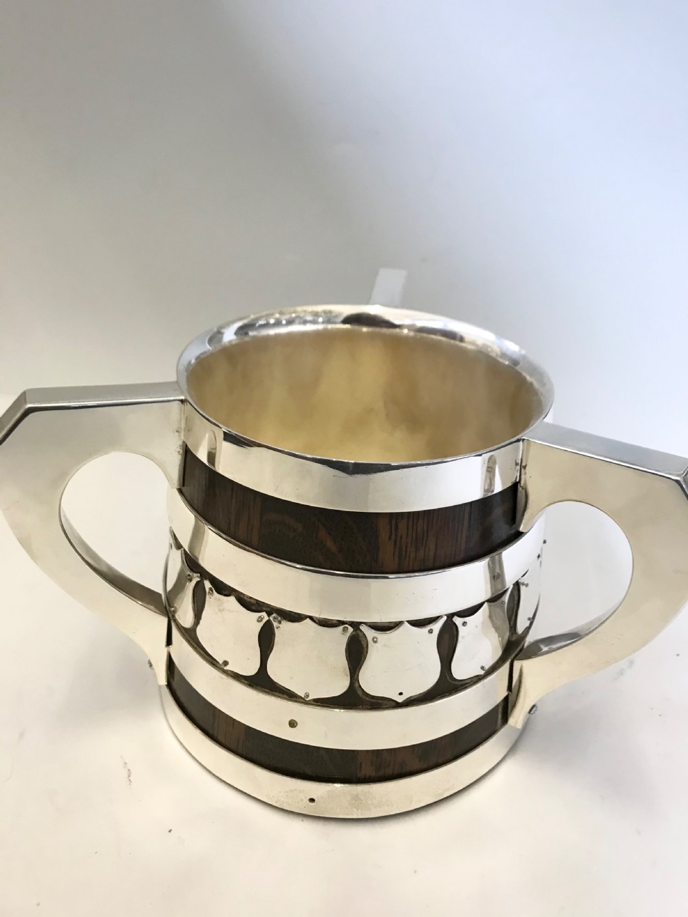 Antique oak & silver plated tyg or loving cup c1900