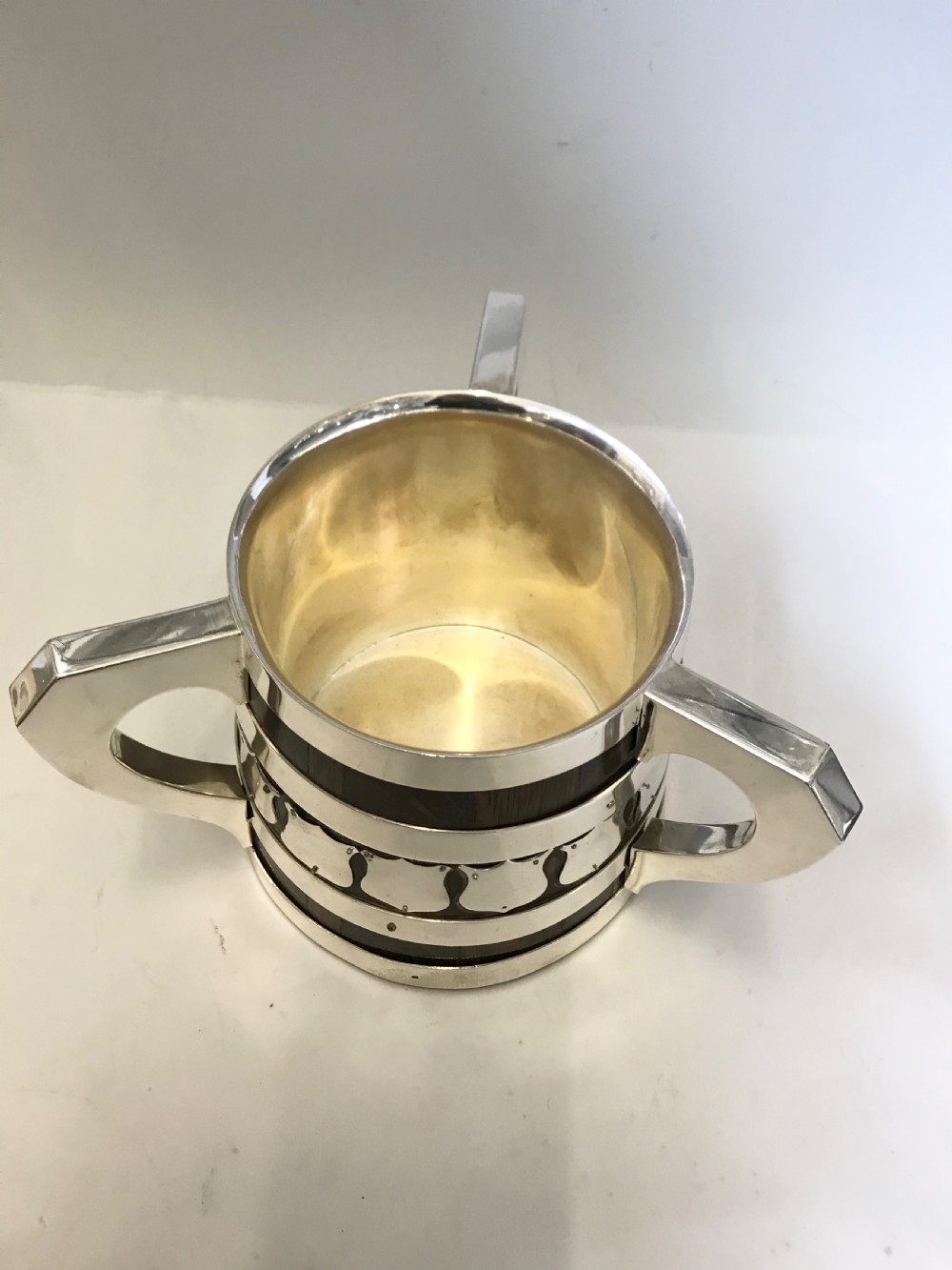 Antique oak & silver plated tyg or loving cup c1900 View III