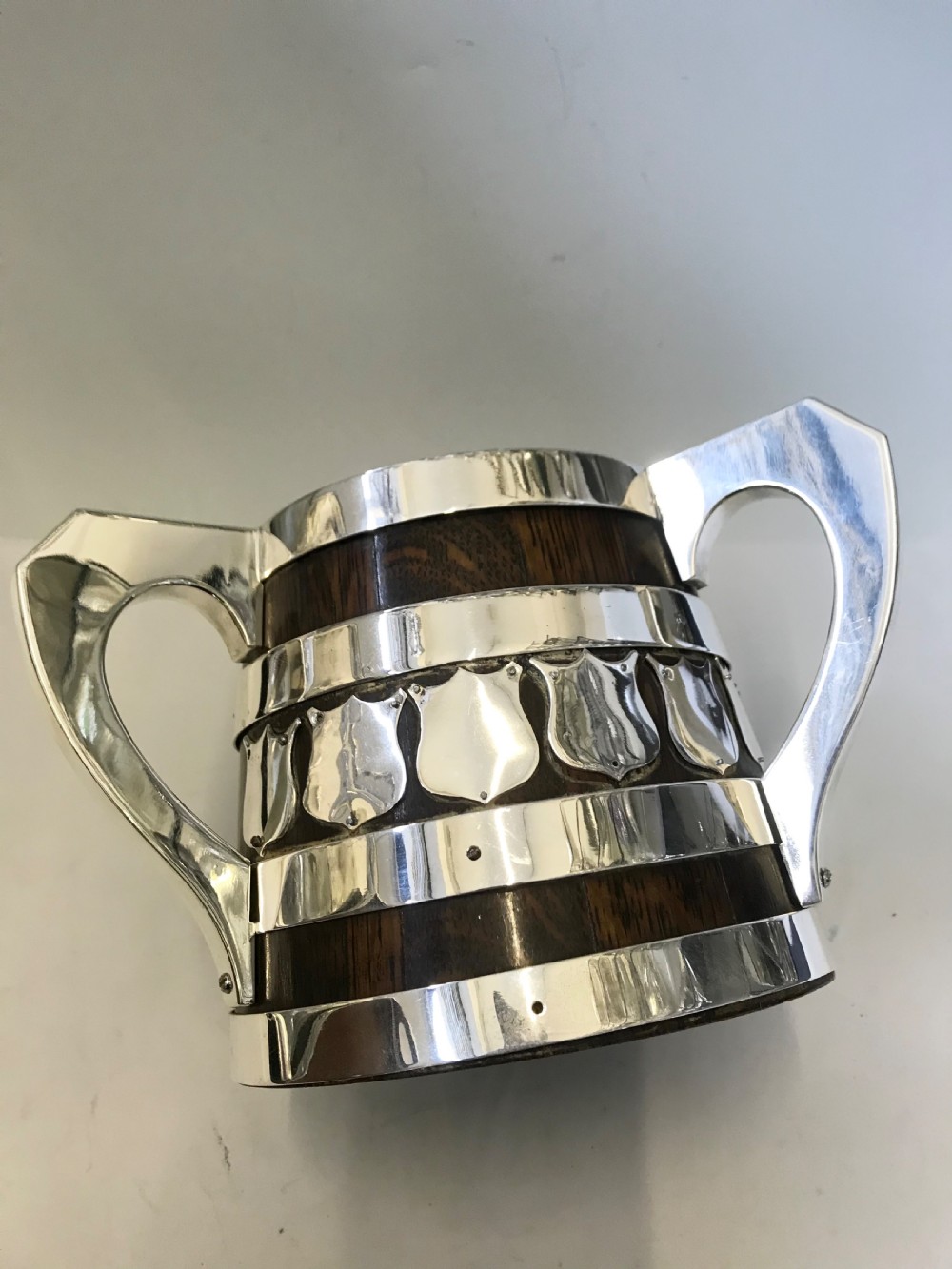 Antique oak & silver plated tyg or loving cup c1900 View V