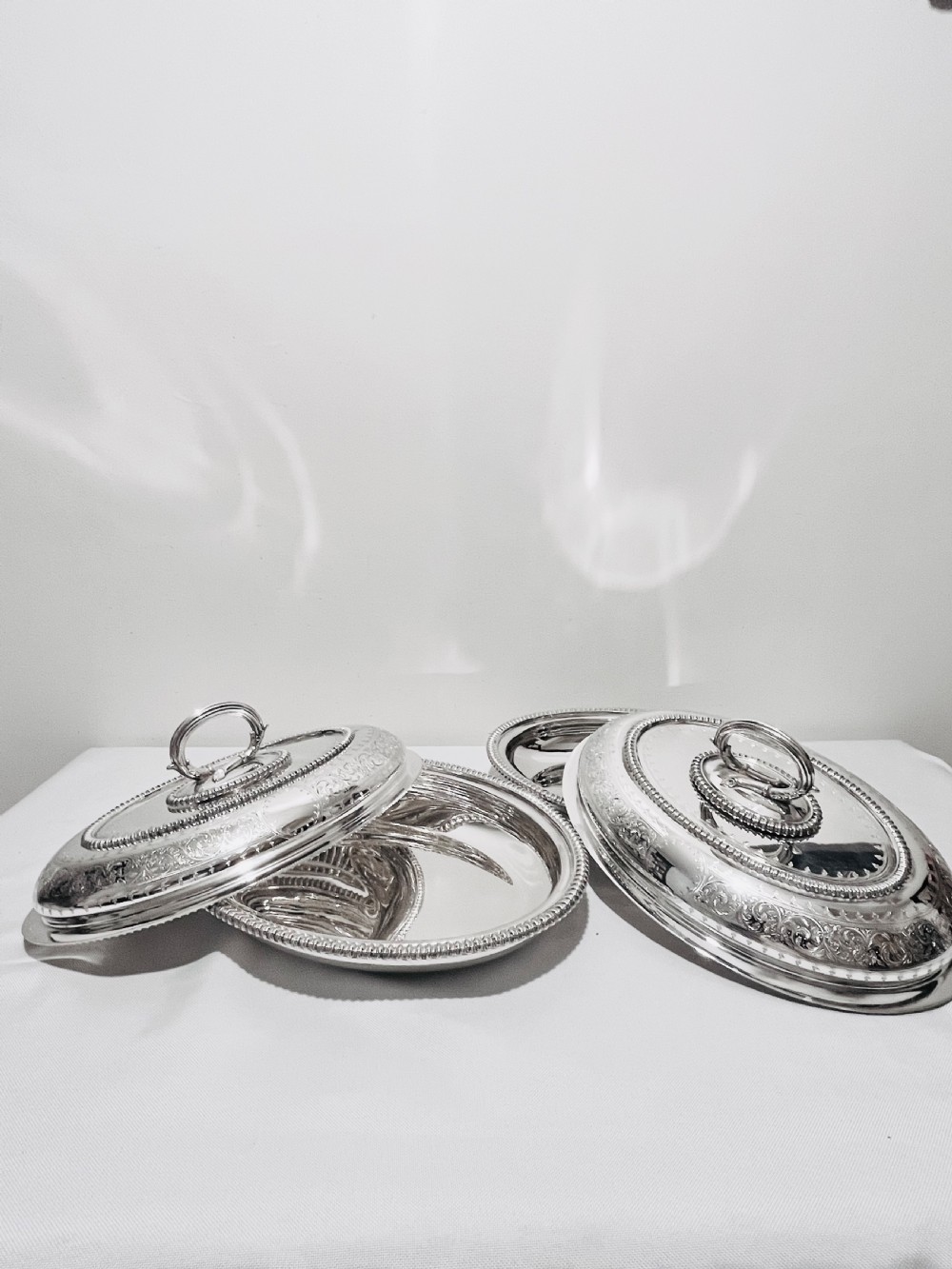 Pair of antique silver plated entree dishes c1880 by Martin Hall & Co View III