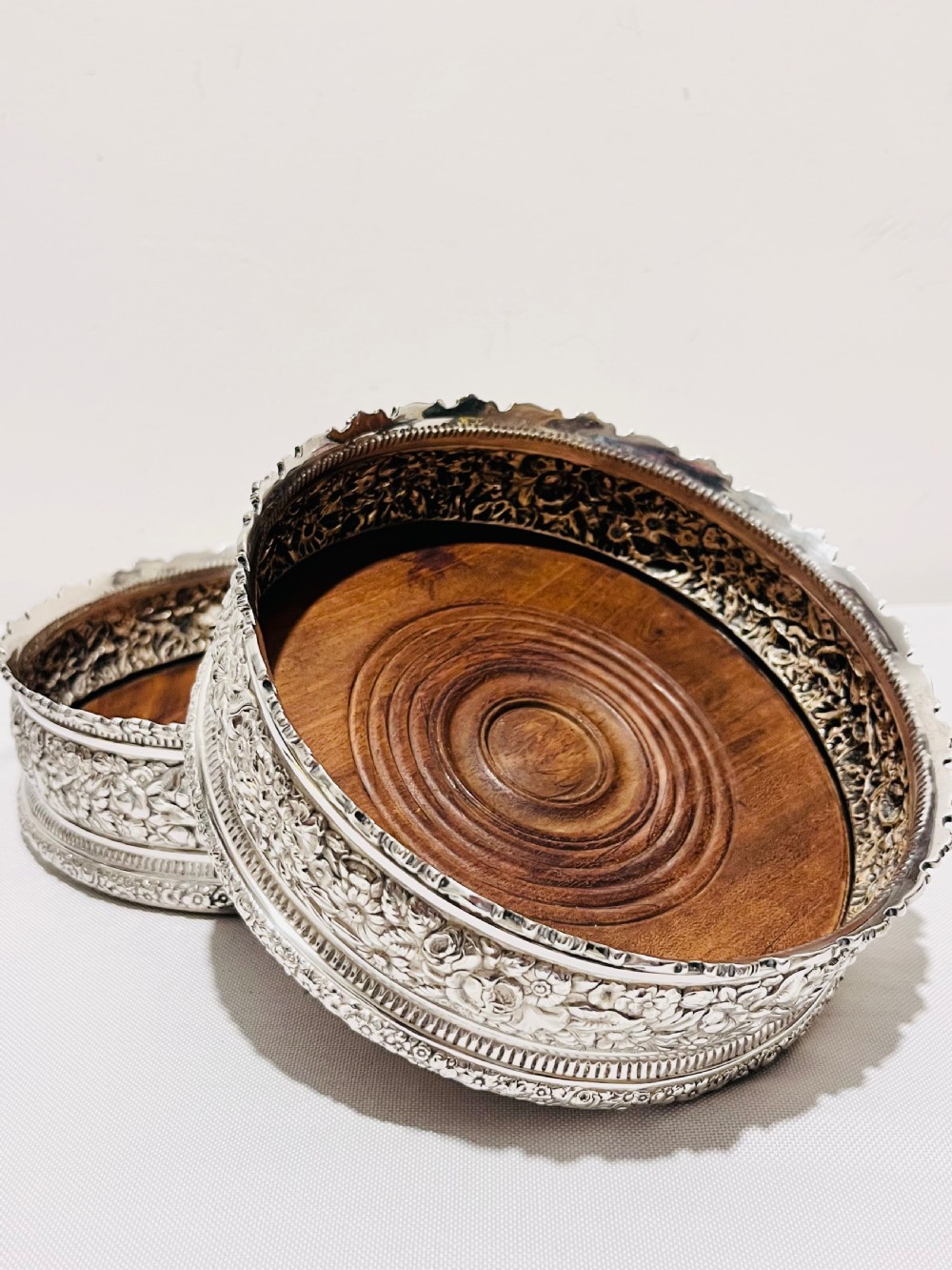 Pair of antique silver plated coasters by Tiffany & Co c1880 View IV