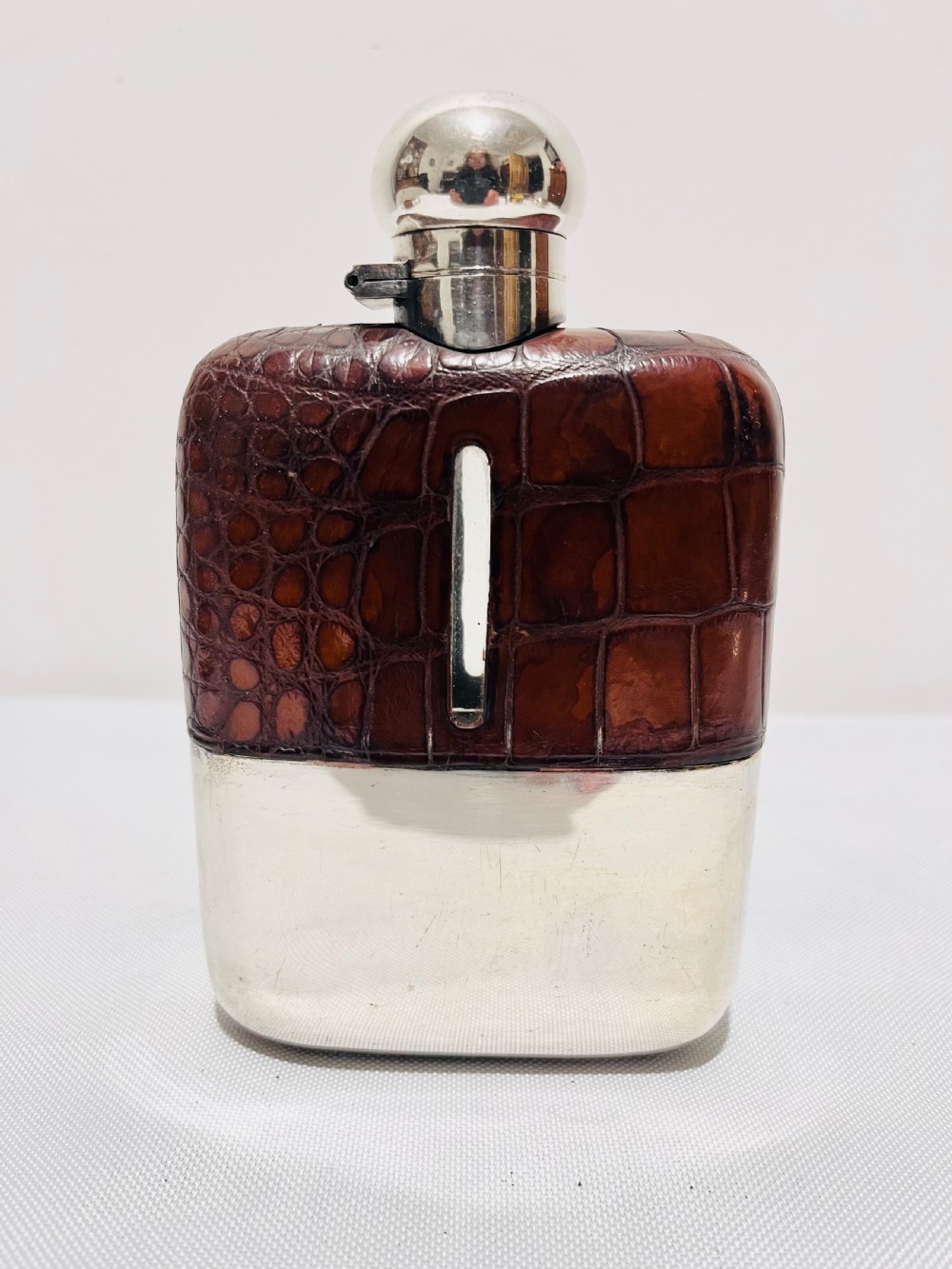 Antique silver plated & crocodile skin hip flask c1880