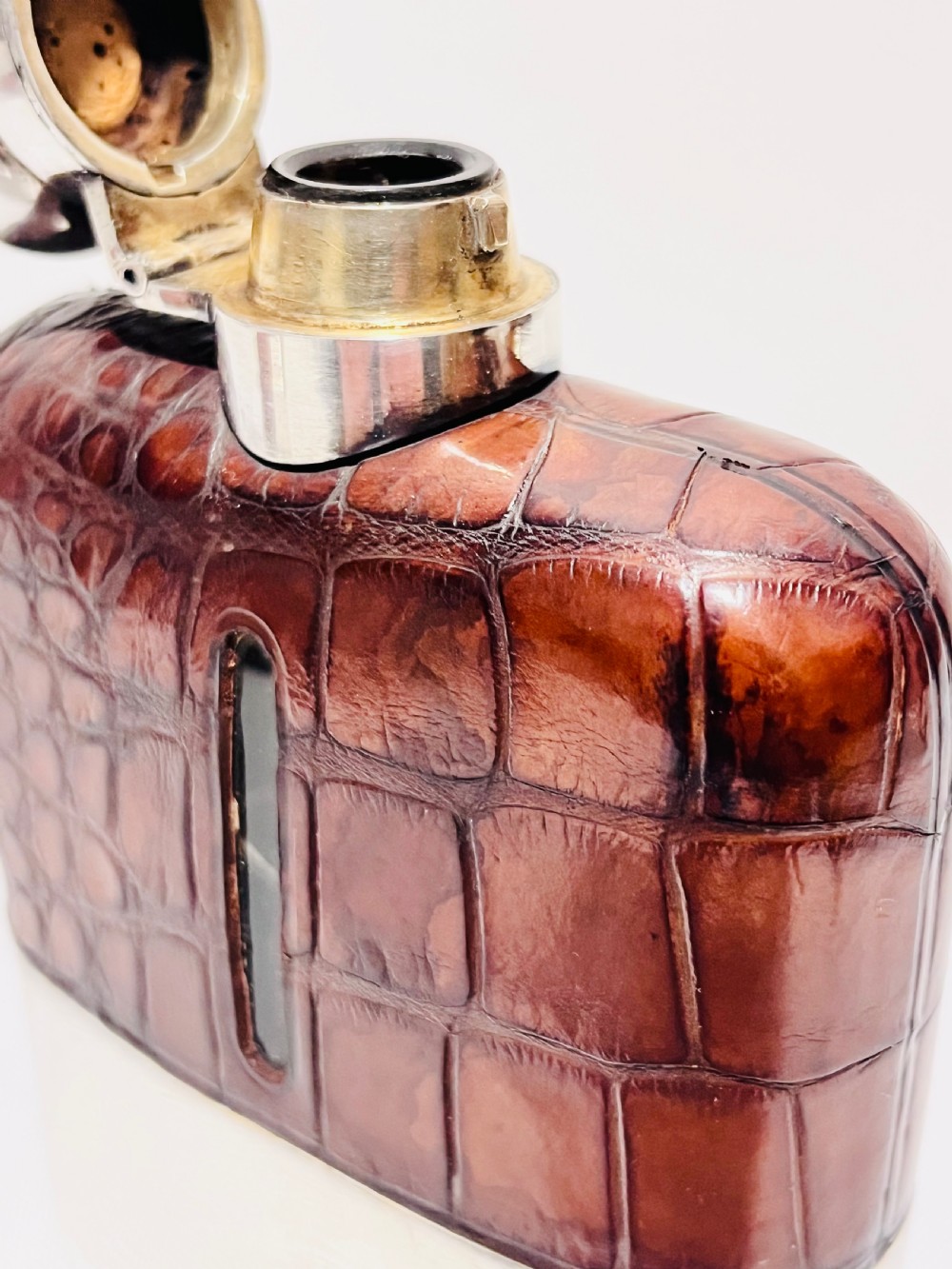 Antique silver plated & crocodile skin hip flask c1880 View III
