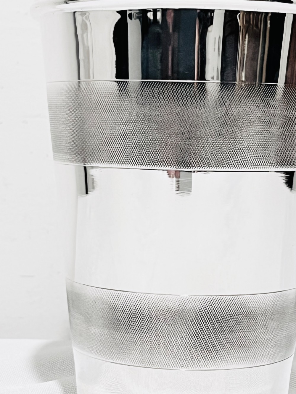 Engine turned silver plated cocktail shaker  with lemon squeezer c1940 View II