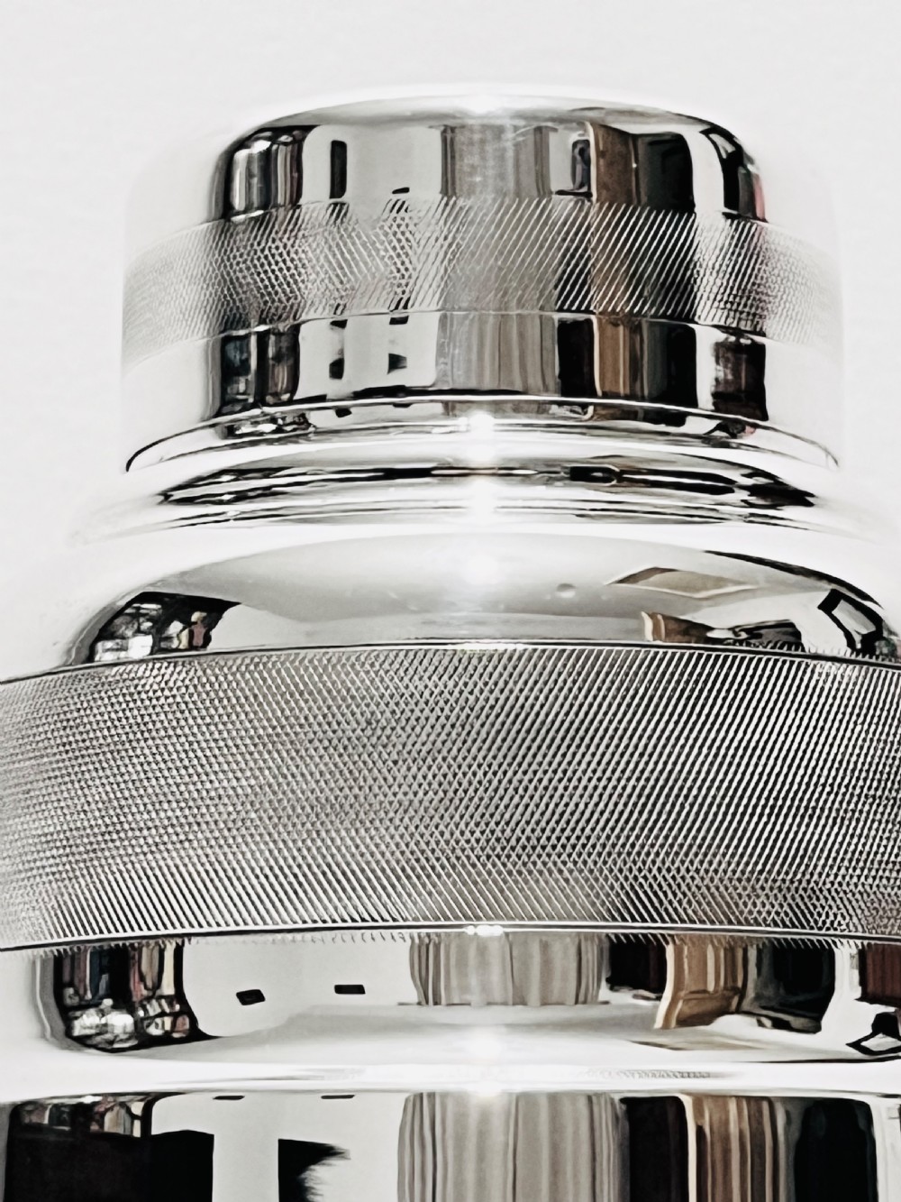 Engine turned silver plated cocktail shaker  with lemon squeezer c1940 View III
