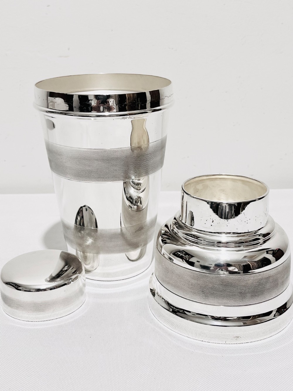Engine turned silver plated cocktail shaker  with lemon squeezer c1940 View VII
