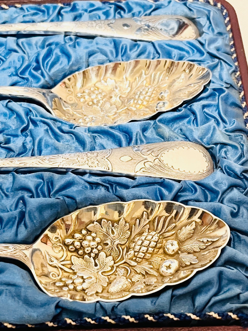 Antique silver plated fruit serving spoons c1880 by Walker & Hall View II