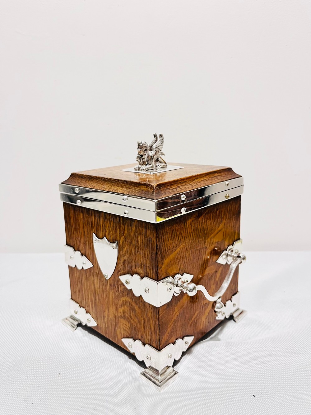 Antique silver plated & oak biscuit box c1880