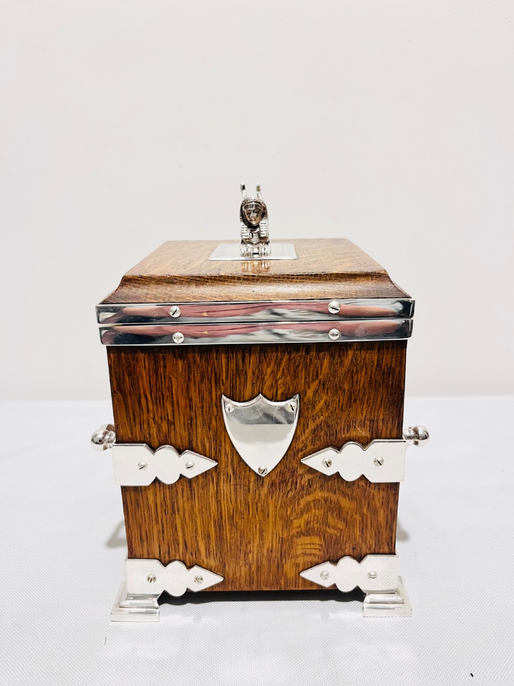 Antique silver plated & oak biscuit box c1880 View II