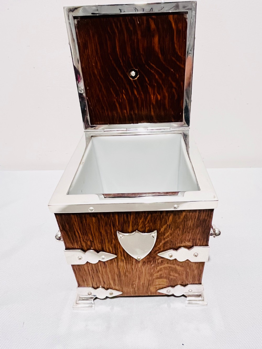 Antique silver plated & oak biscuit box c1880 View VII