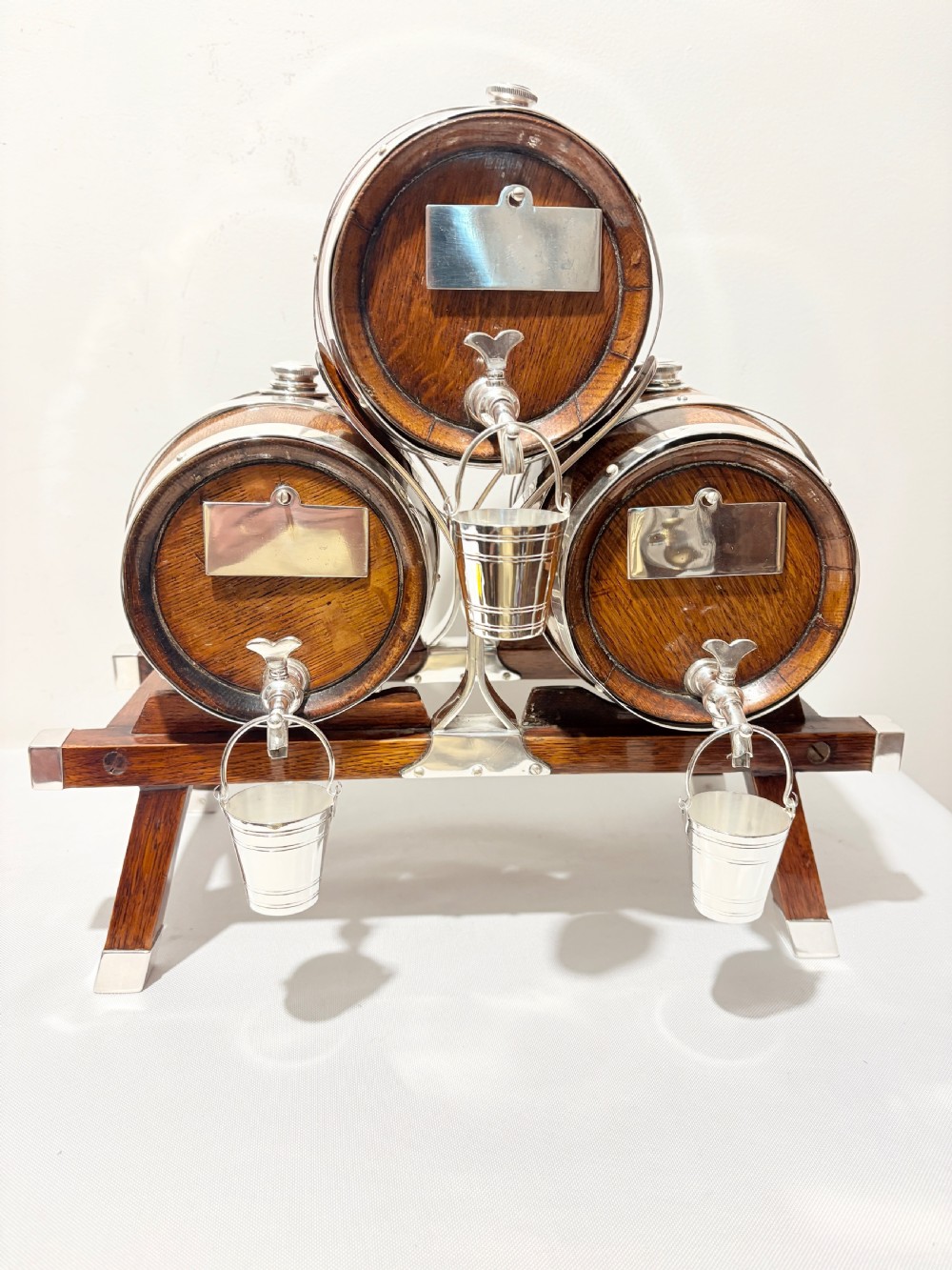 Antique silver plated and oak triple brandy & whisky barrels c1900