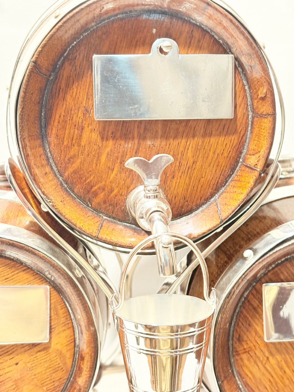 Antique silver plated and oak triple brandy & whisky barrels c1900 View II