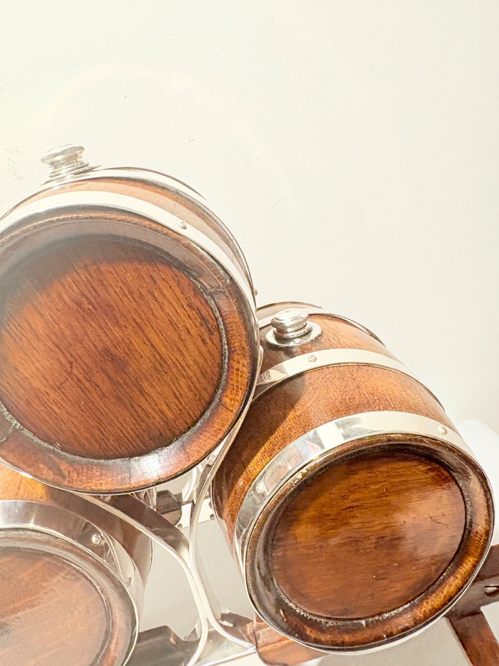 Antique silver plated and oak triple brandy & whisky barrels c1900 View III