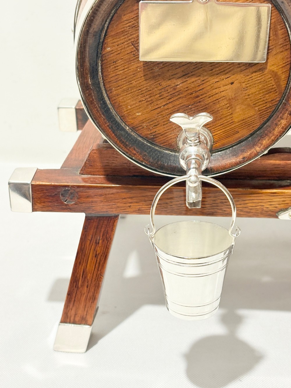 Antique silver plated and oak triple brandy & whisky barrels c1900 View IV