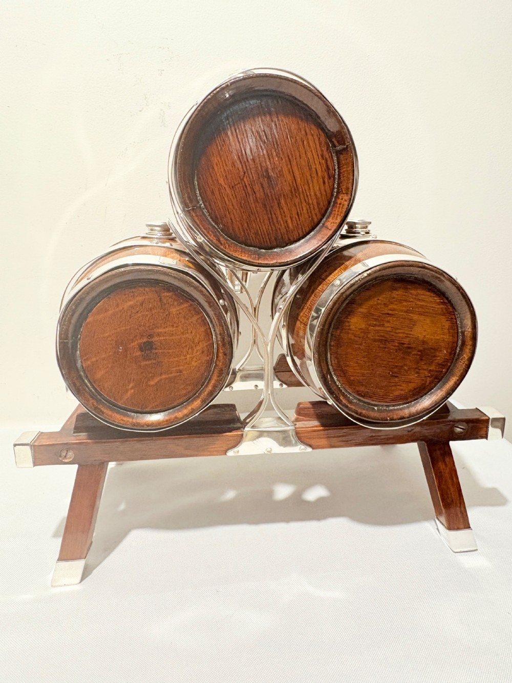 Antique silver plated and oak triple brandy & whisky barrels c1900 View VII