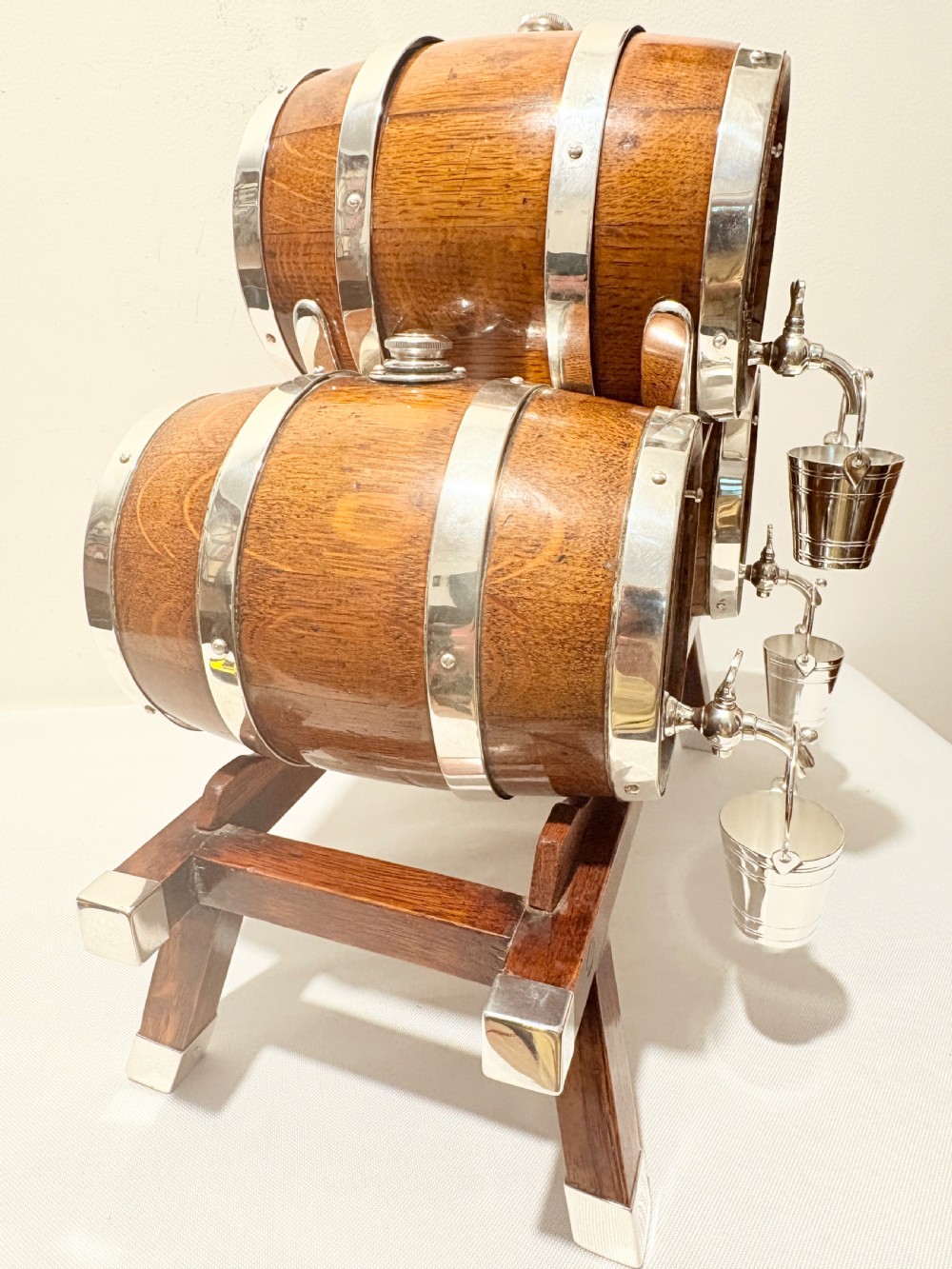 Antique silver plated and oak triple brandy & whisky barrels c1900 View VIII