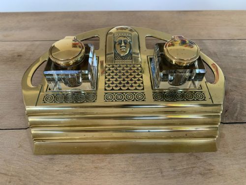 Impressive Austrian Brass and Cut Glass Secessionist Inkstand with Two Glass Inkwells