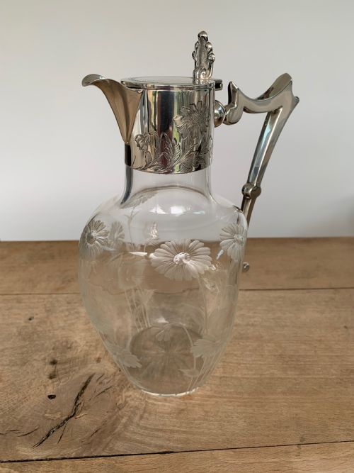 EXCEPTIONALLY FINE SOLID SILVER AND CUT ENGRAVED GLASS DAISY PATTERN CLARET JUG BY WILLIAM DAVENPORT BIRMINGHAM 1906 - ADDITIONAL PHOTO 4