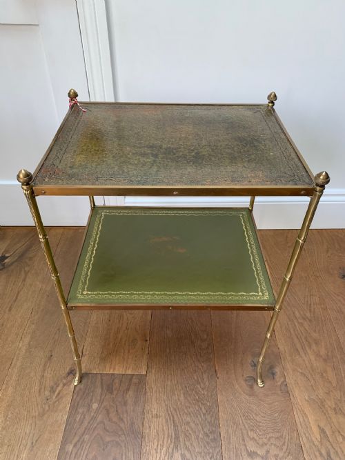 Exceptional Lacquered Brass and Tooled Leather Two-tier Occasional Table or Etagere, in the Manner of Mallett of London