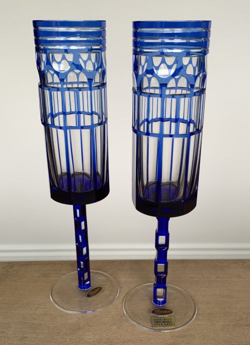 EXCEPTIONALLY FINE AND RARE PAIR OF MOSER CRYSTAL CHAMPAGNE FLUTES DESIGNED BY OTTO PRUTSCHER 18801949 WIENER WERKSTTTE DESIGN CLASSICS - ADDITIONAL PHOTO 1
