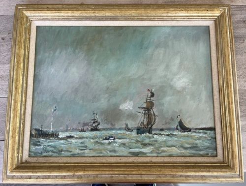 INTERESTING FRENCH MID 20THC OIL ON BOARD SEASCAPE 'MARINE AU LARGE' OR 'OPEN SEA' SIGNED