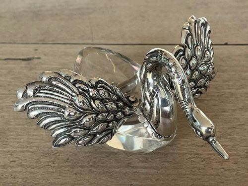 Vintage Sterling Silver and Crystal Divided Swan Salt Cellar Movable Wings