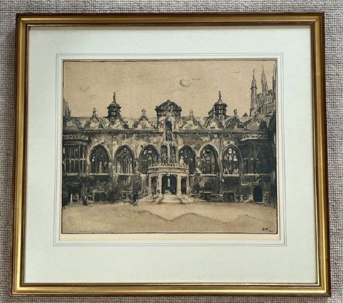 fig 1. A framed 1904 lithograph by Sir William Nicholson showing the quadrangle and architectural facade of Oriel College, Oxford, in an off-white mount and thin gilt frame.