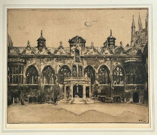 fig 2. A framed 1904 lithograph by Sir William Nicholson showing the quadrangle and architectural facade of Oriel College, Oxford, in an off-white mount and thin gilt frame.