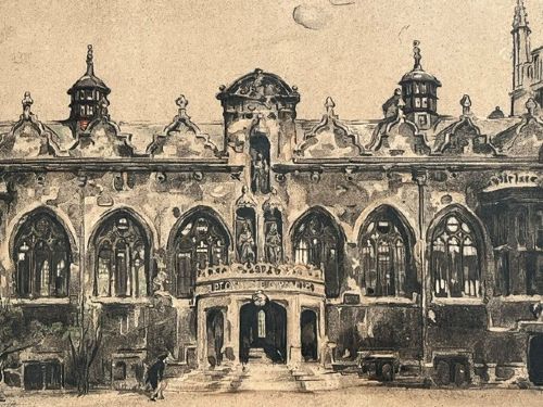 A framed 1904 lithograph by Sir William Nicholson showing the quadrangle and architectural facade of Oriel College, Oxford, in an off-white mount and thin gilt frame. View IV