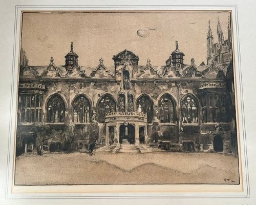 A framed 1904 lithograph by Sir William Nicholson showing the quadrangle and architectural facade of Oriel College, Oxford, in an off-white mount and thin gilt frame. View VII