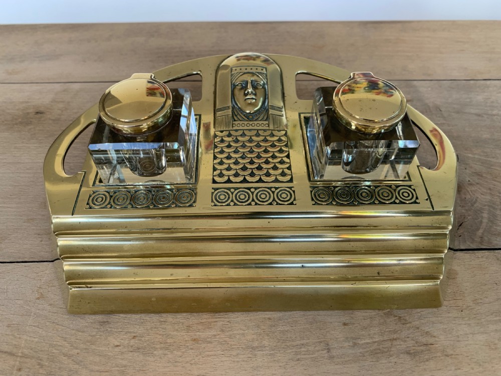 Impressive Austrian Brass and Cut Glass Secessionist Inkstand with Two Glass Inkwells