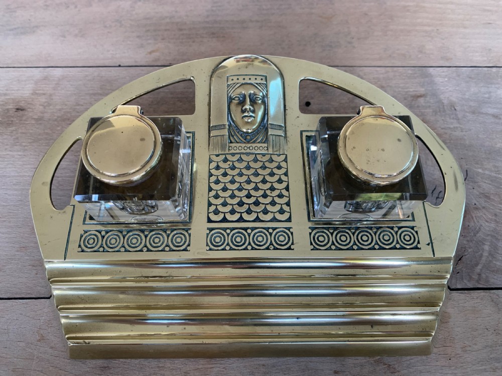 Impressive Austrian Brass and Cut Glass Secessionist Inkstand with Two Glass Inkwells View II
