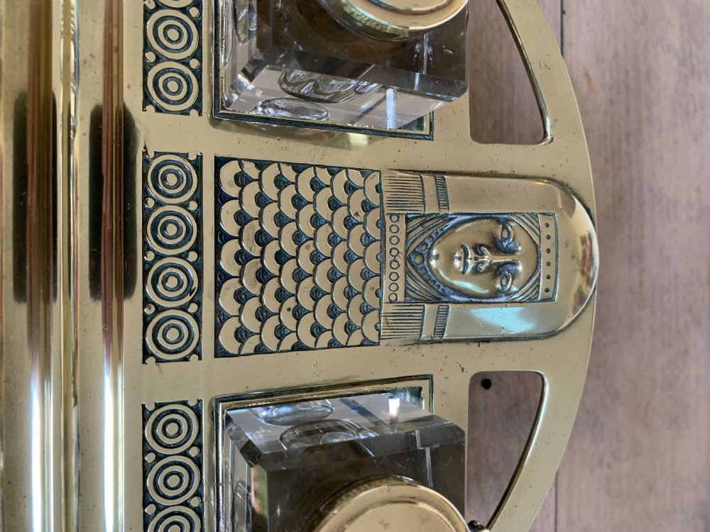 Impressive Austrian Brass and Cut Glass Secessionist Inkstand with Two Glass Inkwells View III