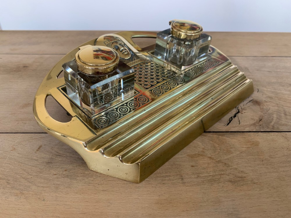 Impressive Austrian Brass and Cut Glass Secessionist Inkstand with Two Glass Inkwells View IV