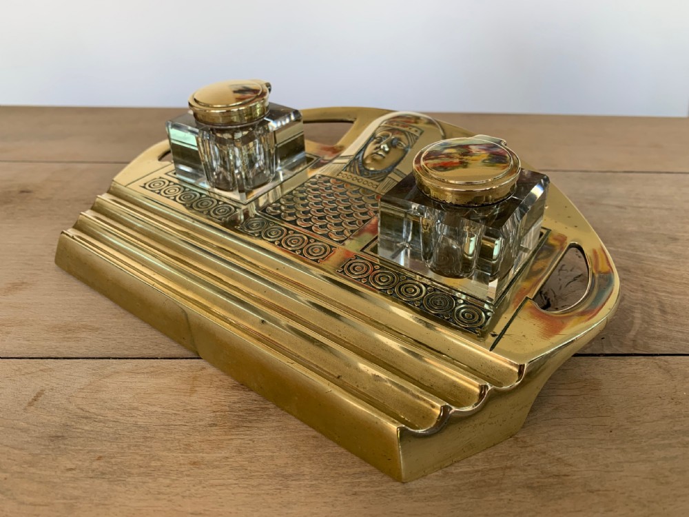 Impressive Austrian Brass and Cut Glass Secessionist Inkstand with Two Glass Inkwells View V