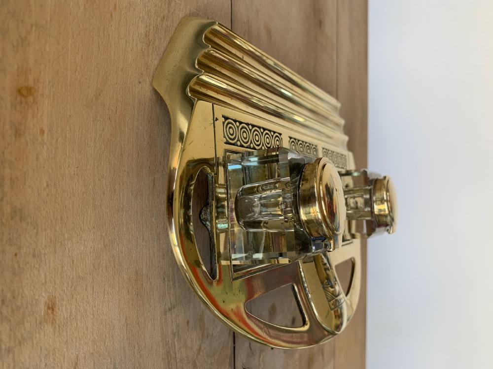 Impressive Austrian Brass and Cut Glass Secessionist Inkstand with Two Glass Inkwells View VI