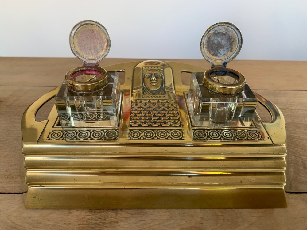 Impressive Austrian Brass and Cut Glass Secessionist Inkstand with Two Glass Inkwells View VIII