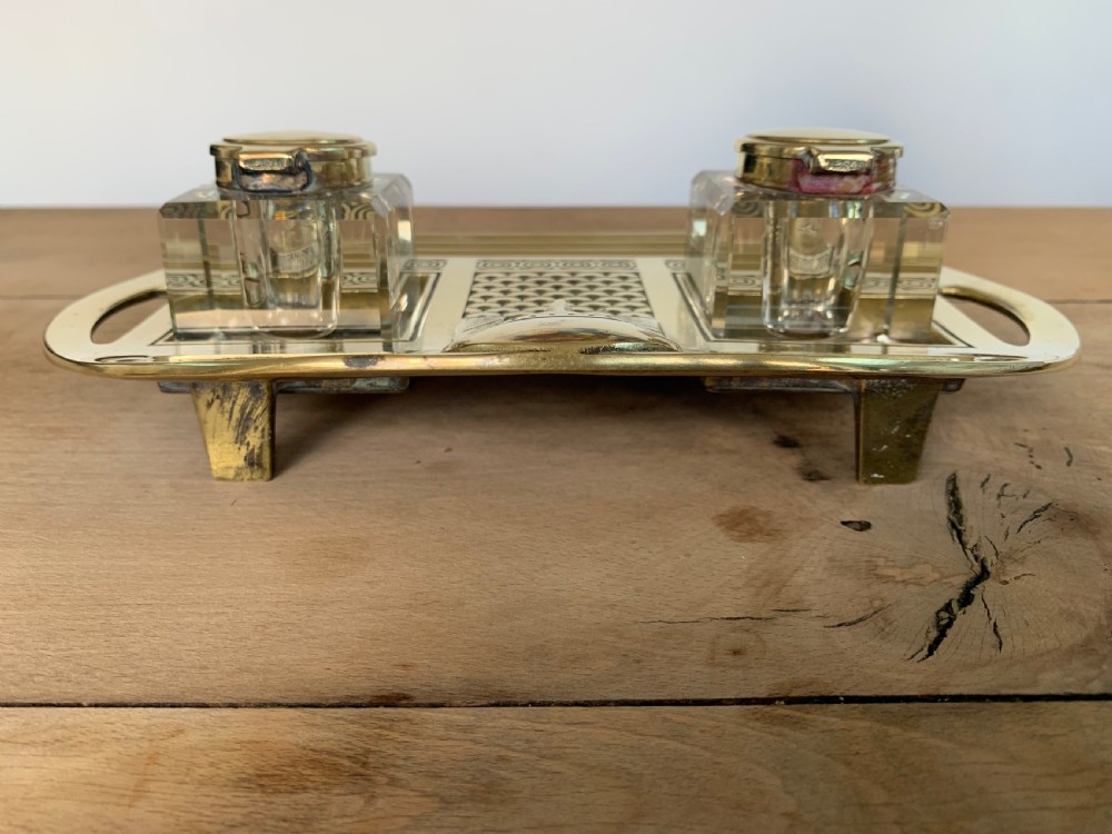 Impressive Austrian Brass and Cut Glass Secessionist Inkstand with Two Glass Inkwells View X
