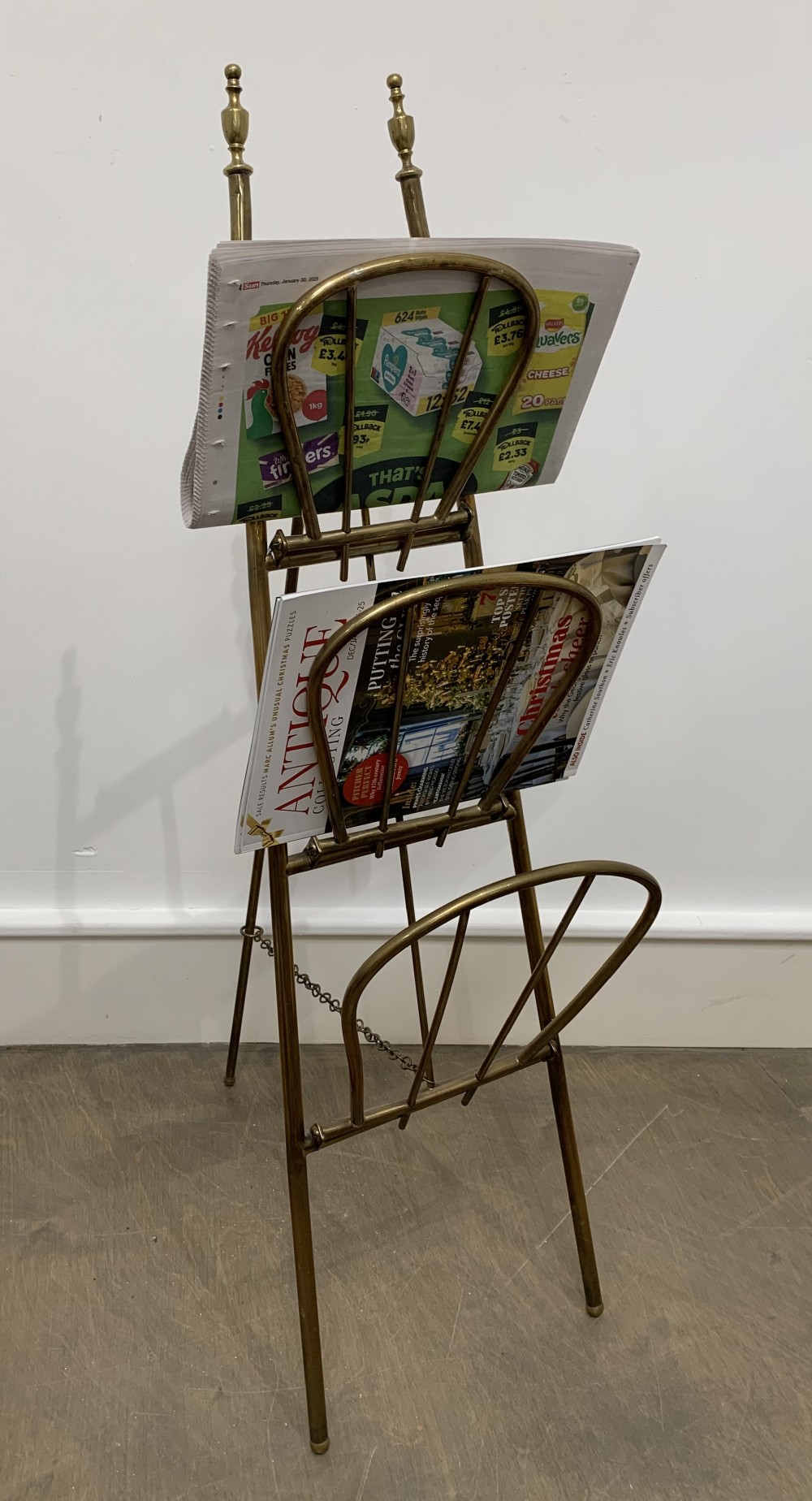 Edwardian Polished Brass Folding Easel Magazine Rack with Three Tiers