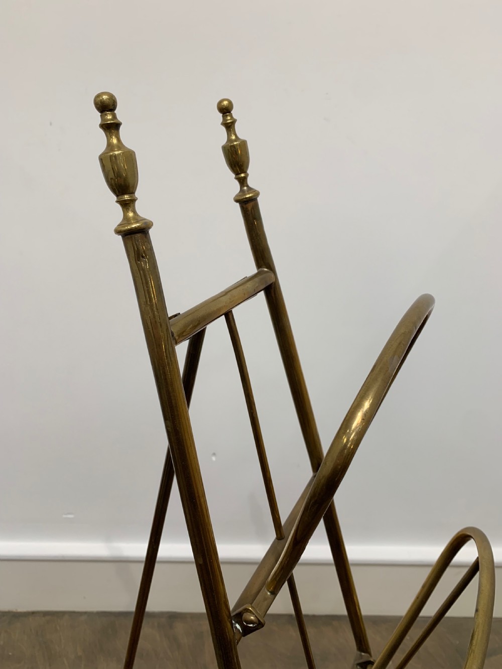 Edwardian Polished Brass Folding Easel Magazine Rack with Three Tiers View IX